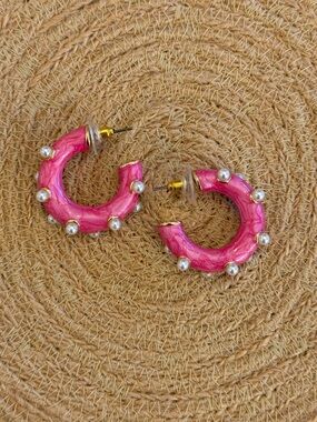 Hot Pink Resin Hoop Earrings with Faux Pearls